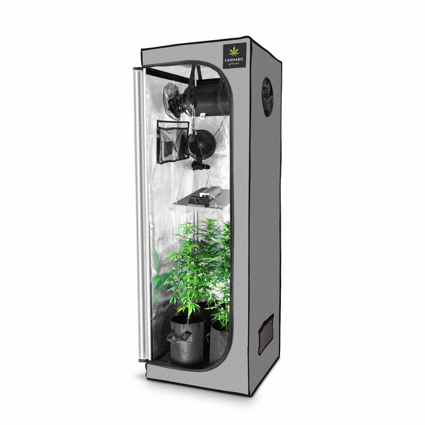 Growbox grau offen mit Zubehör fertig aufgebaut