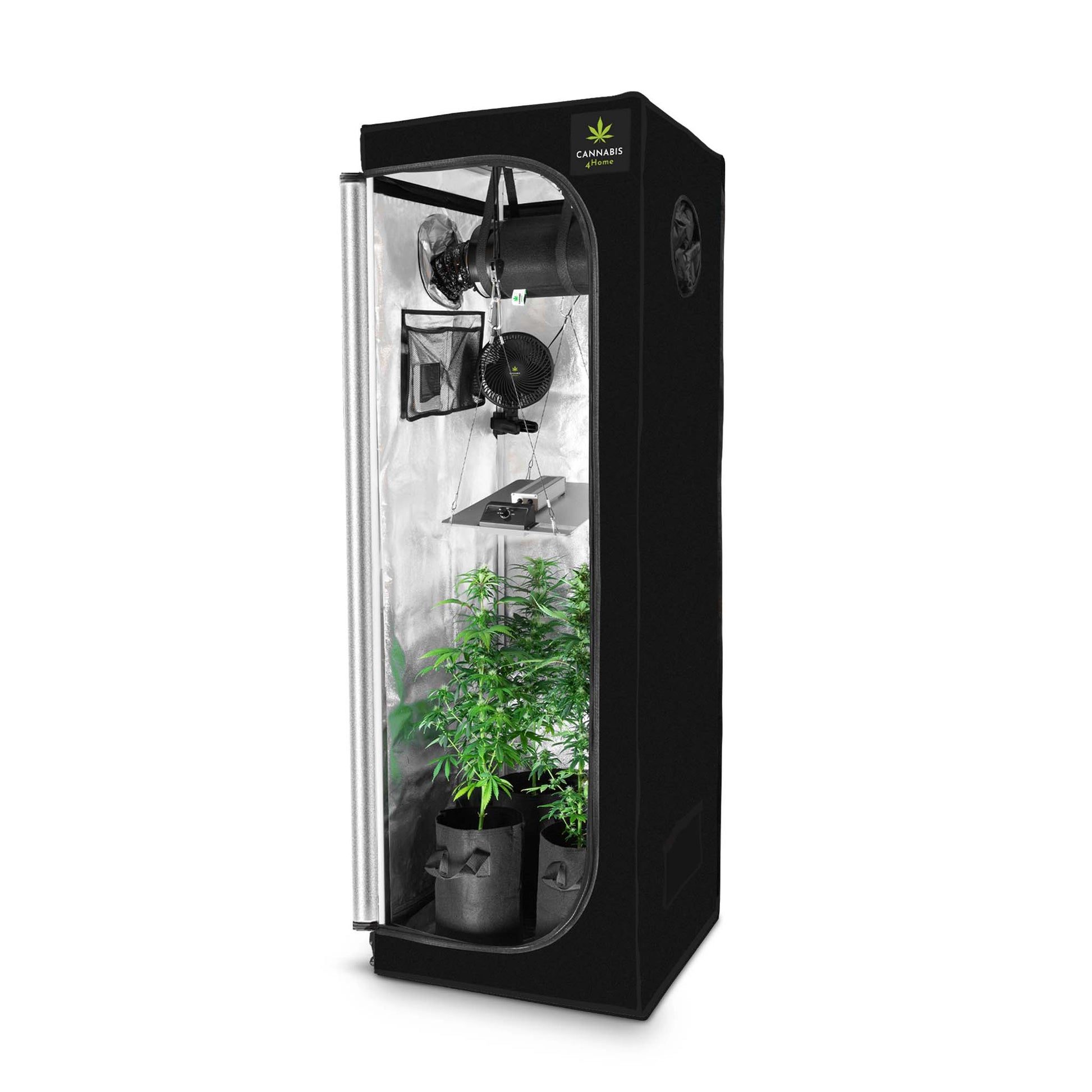 Growbox schwarz offen mit Zubehör fertig aufgebaut