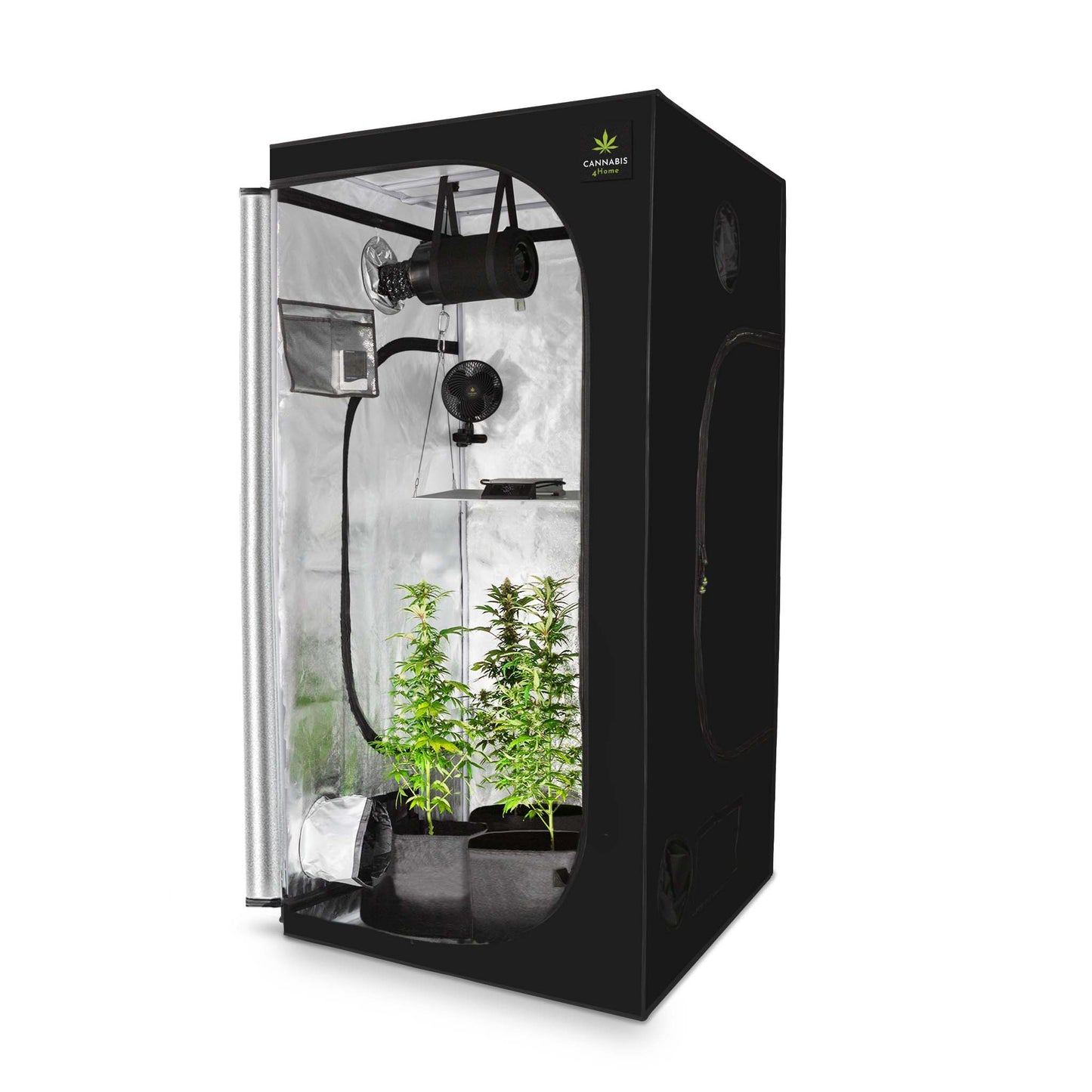 Aufgebaute Growbox in Schwarz in der Größe L